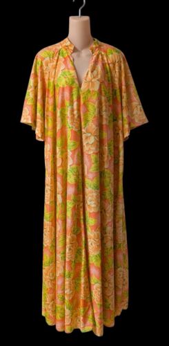 Vintage 60's MOD Floral Loungewear Orange Yellow Maxi House Dress Robester ? XL