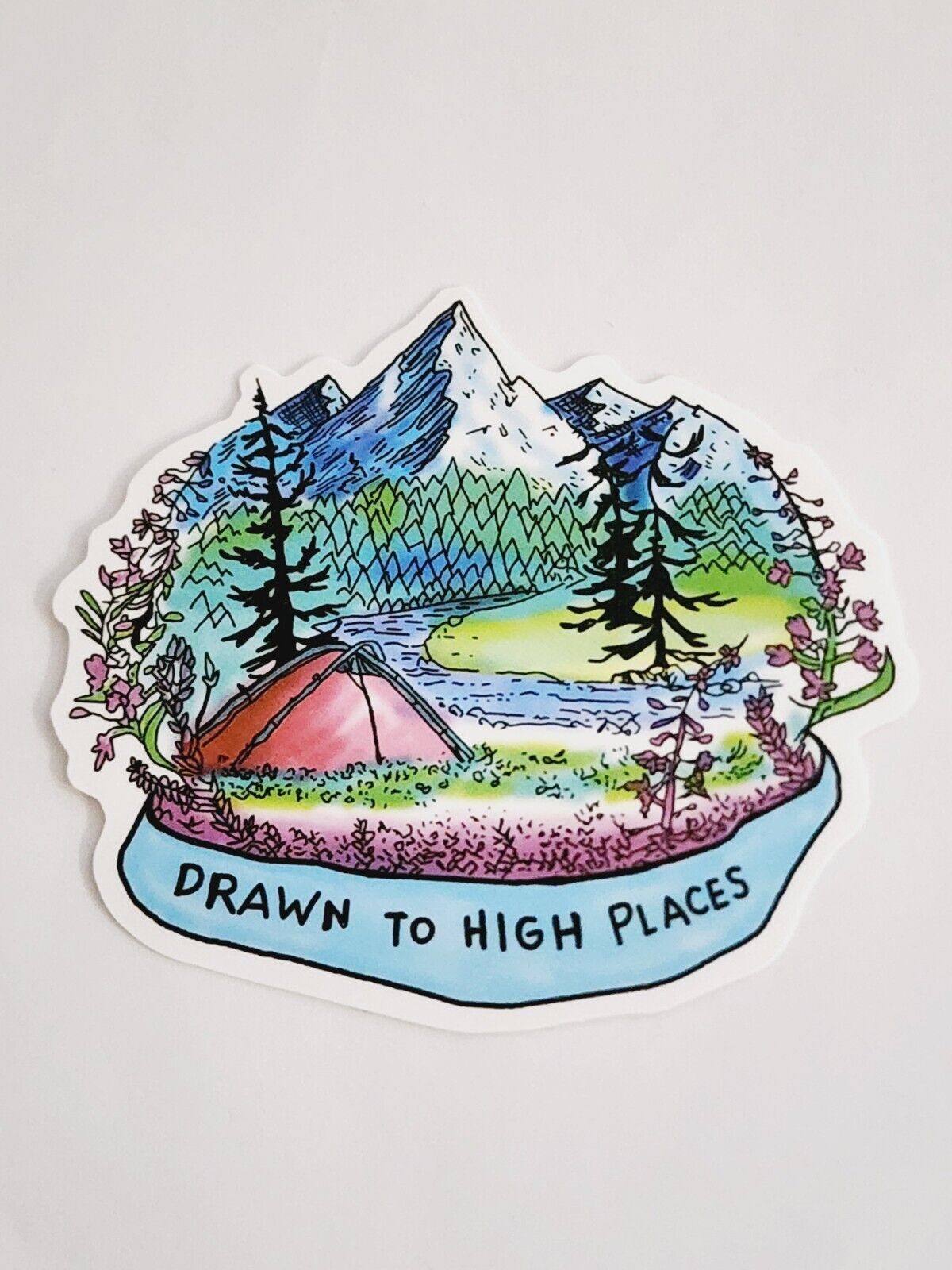 Drawn to High Places Tent in Mountains Sticker Decal Multicolor Embellishment