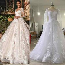 Elegant A-Line Wedding Dresses O-Neck Long Sleeves Cathedral Train Bridal Gowns