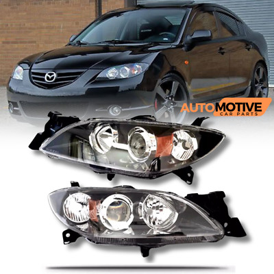 For 2004-2009 Mazda 3 Sedan Lamps Headlights Black Housing Clear Lens Left+Right