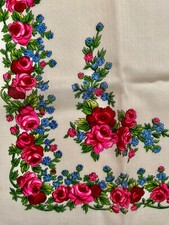 Wool Shawl Traditional Ukrainian Russian Hand Printed in Japan Roses 29"