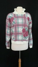 1980's VINTAGE 80's Fairy Kei Kawaii Rose Print Plaid Sweater Pop Collar
