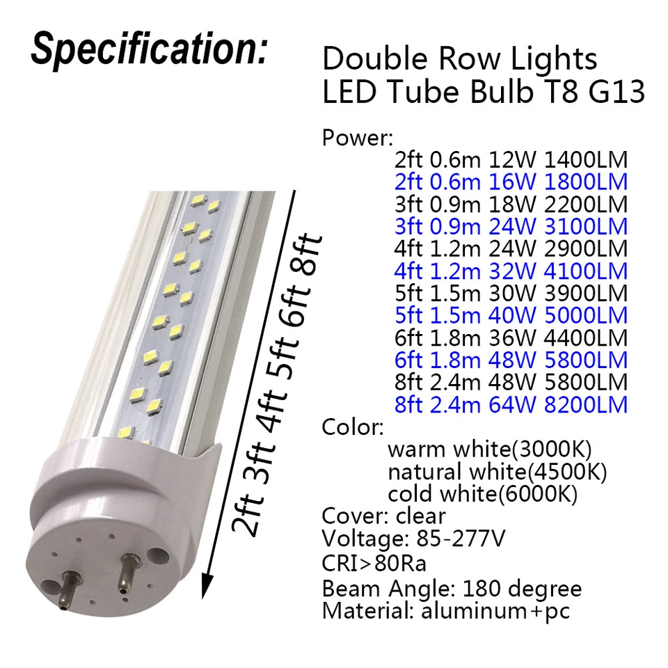 LED Tube Bulb 2ft 3ft 4ft 5ft 6ft Super Bright Double Row Lights G13 T8 Bar Lamp - Image 2 of 4