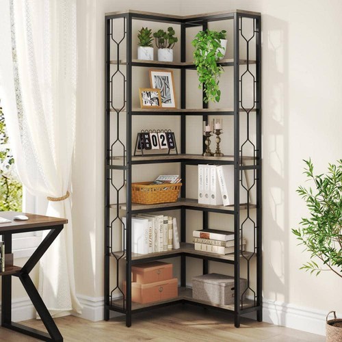 TRIBESIGNS WAY TO ORIGIN Corner Etagere Bookcase 79 " Tall Gray Wood 7-Shelf - Picture 7 of 9