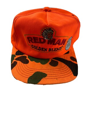 NOS Vintage Red Man Tobacco Blaze Orange Camo Hunting Adjustable Snapback Hat