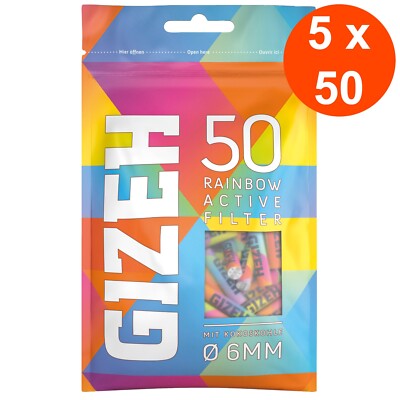 GIZEH Rainbow Active Filter 5 x 50 Aktivkohle 6mm | 5 Beutel = 250 Drehfilter
