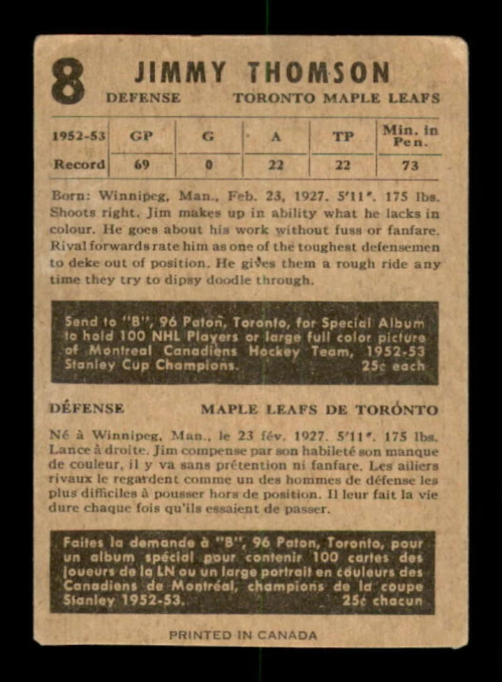 1953-54 Parkhurst #8 Jim Thomson VG/VGEX Maple Leafs 543398 - Image 2 of 2