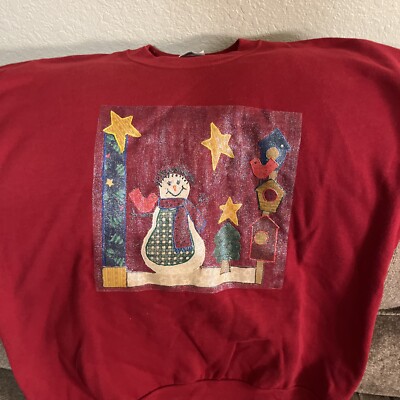 Vtg  90s Jerzees Christmas Snowman, Stars, Birdhouse XL Paint Style USA