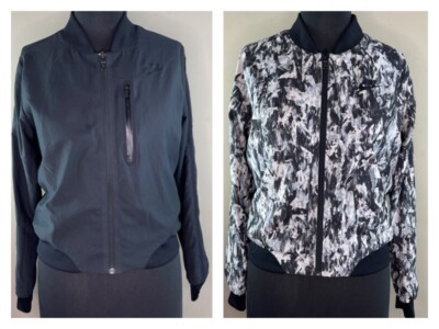 NIKE Women Bonded REVERSIBLE Woven Bomber Jackets Gray Print M Medium RARE