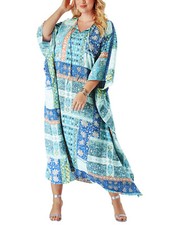 Roamans kaftan dress womens plus size 20/22 blue patchwork tie neck loose fit