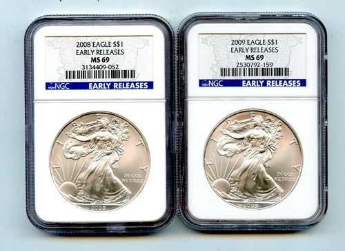 2008 & 2009 EARLY RELEASES MS69 NGC BU SILVER EAGLE .999 1 OZ. COINS!!