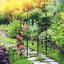 Metal Garden Arch with Gate 79.5x86.6 in Climbing Plant Rose Support Black