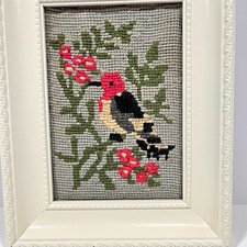Vintage Framed Needlepoint Bird Floral Design White Frame