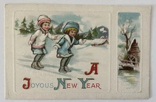 Antique Joyous New Year Postcard Children Ice Skating Winter Scene Embossed
