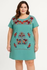 Authentic Mexican Embroidered Green Dress  Handmade, Size XL/2XL. Lycra Cotton