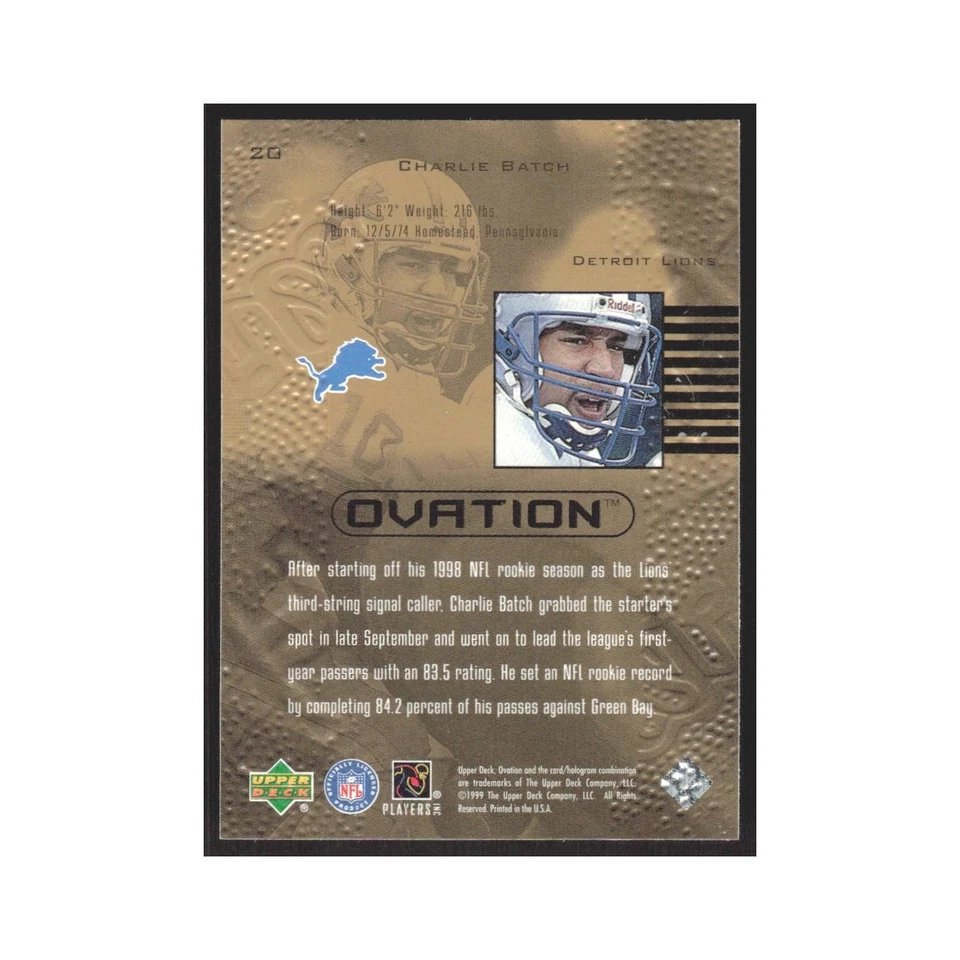 1999 Upper Deck Ovation Charlie Batch Lions #20 - Image 2 of 3