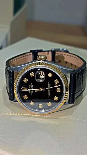 ROLEX DATEJUST 1601 14K GOLD STEEL BLACK DIAMOND WATCH w/ BLACK LEATHER BRACELET