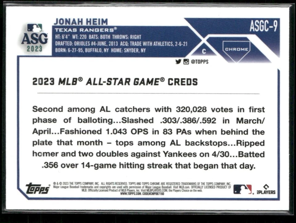 2023 TOPPS CHROME UPDATE 2023 ALL-STAR GAME JONAH HEIM TEXAS RANGERS #ASGC-9 - Image 2 of 2
