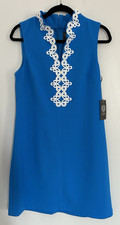 Vince Camuto Women Sleeveless Blue High Neck A-Line Dress Preppy Embroidered 10