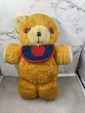 Vintage Plush Fisher Price 1975 Squeaker Orange Freddy Teddy Bear Apple Bib 11.5