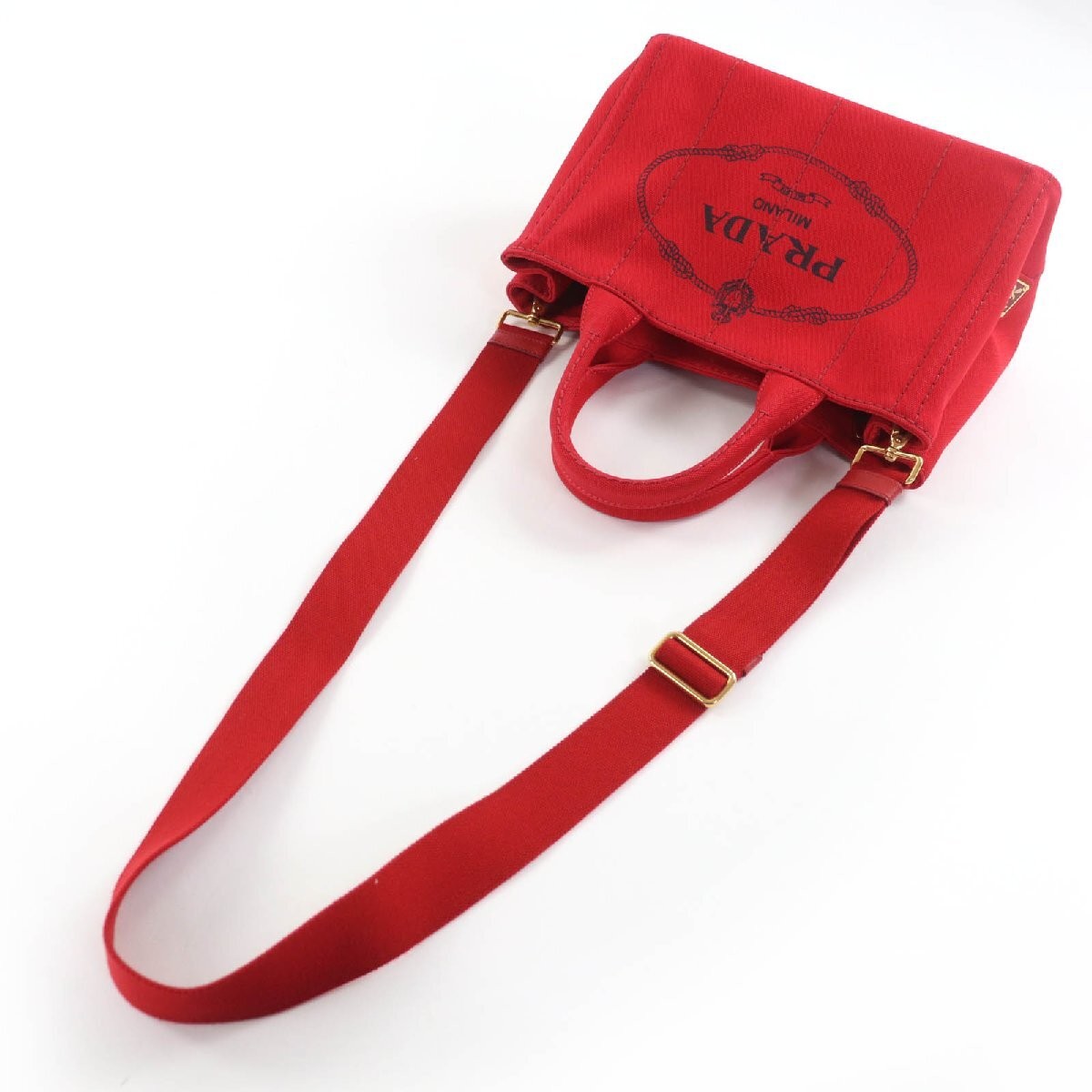 PRADA 1BG439 Canapa Triangle Logo Plate 2WAY Canvas Tote Bag Handbag Red Wit thumbnail 8