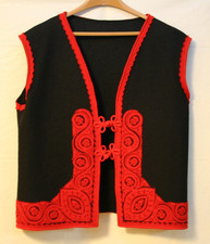 Hungarian Folk Art Embroidered Black  Red Vest with Frog Closure