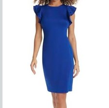 Tommy Hilfiger Scuba Sheath Dress Women 8 Blue Flutter Sleeves Preppy Corporate