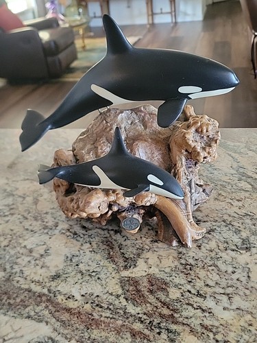 John Rey Orca Vtg John Perry Orca Killer Whale Calf Baby Burl Wood Art Sculpture ...