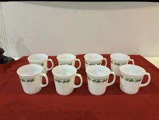 Set of 8 White Corning Ware Holly Day Milk Glass Mugs. New Unboxed Never Used