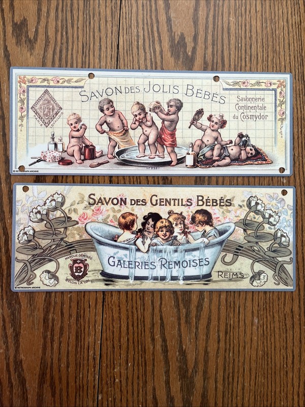 Vintage French Baby Soap Advertisement Metal Sign, Boys And Girls, Set Of 2