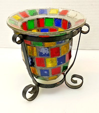 Mosaic Glass Tealight Candle Holder on Black Metal Stand 5.38 Tall Home D cor