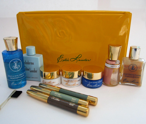 Vintage 70s 1980's Estee Lauder Makeup Gift Set In Yellow Case Estoderme, Creme