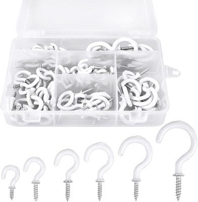 90pcs White Ceiling Hooks Assorted Sizes Screw Hooks Vinyl Coated Steel