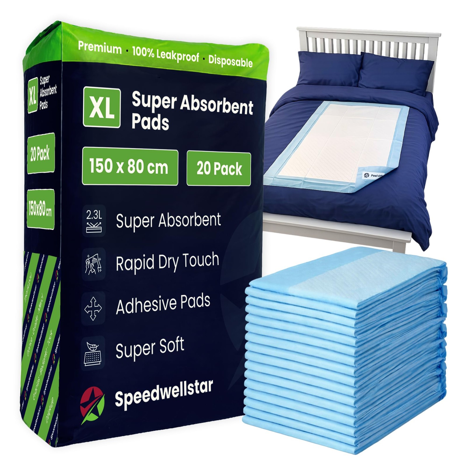 Speedwellstar White Incontinence Bed Pads Disposable Extra Large 150X80cm | 20 Pack | Super Absorbent 2300Ml Leakproof Waterproof Protector For Single Or Double Bed | Non-Slip | By - Image 2