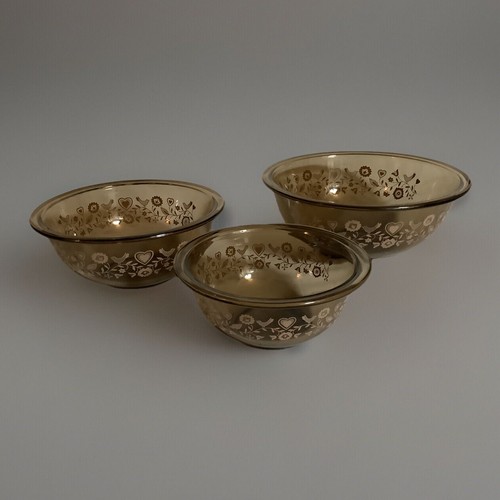 Vintage 1991 Pyrex Clear Brown Festive Harvest 3 Piece Mixing Bowl Set
