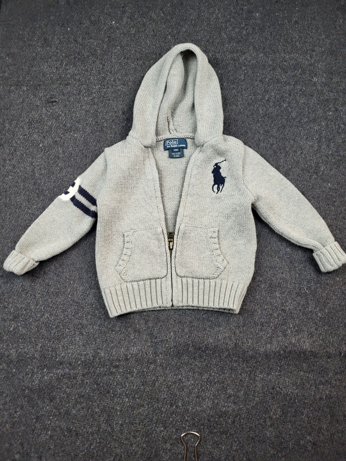 Polo Ralph Lauren Big Pony Felpa con Cappuccio Neonato 18M Grigio Full Zip 3 Giacca Preppy
