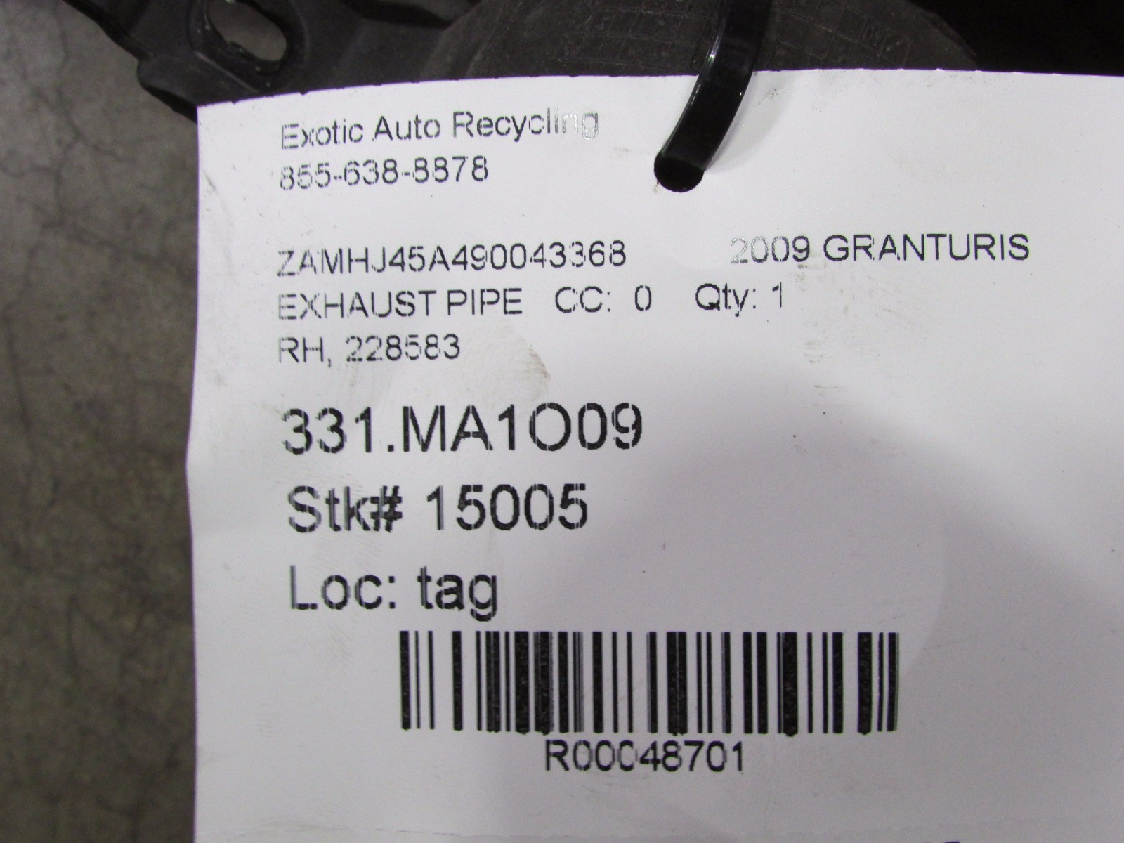Maserati Granturismo, RH Right Exhaust Pipe, Used, P/N 228583
