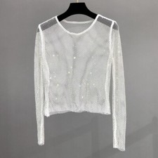 Lady Crystal Mesh Blouse Shirt Bling Glitter Shiny Sheer Hollow Out Pullover Top
