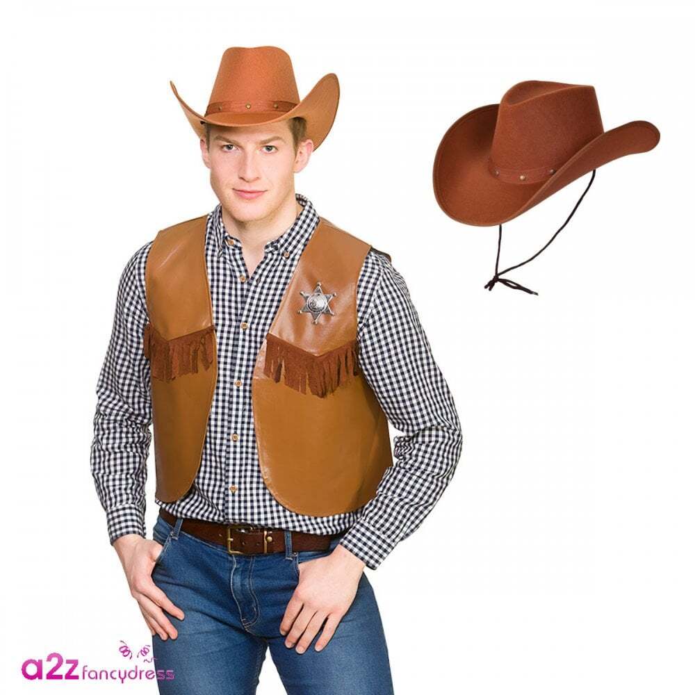Adult Brown Texan Cowboy Hat + Brown Waistcoat Wild West Unisex Fancy Dress