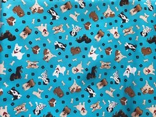 Tossed Pups On Teal Dogs Puppies Fabric Cotton BTHY 18 x44