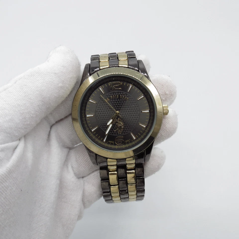 US Polo Assn Men Watch 45mm Round Dial Black Gold Tone Band 8.25" , Runs - Image 2 of 4