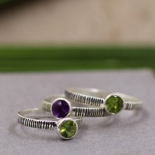 925 Sterling Silver Daily Wear Jewelry Natural Peridot  Amethyst Gemstone Ring