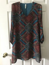 Rachel Kate Blue Burgundy Aqua Loose Fit Mini Dress Slit On Sleeves Size Small