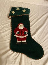 21" Christmas Stocking - Green with Santa Claus and Gold stars Vintage  