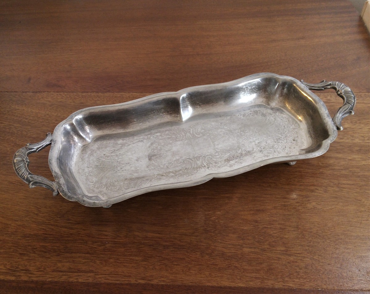 LEONARD Serving Tray Silver Plate Etched Footed Handles 14