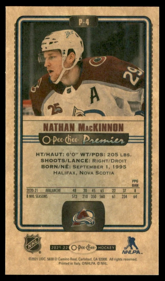 2021-22 O-Pee-Chee Premier Tallboys Nathan MacKinnon #P-4 - Image 2 of 2