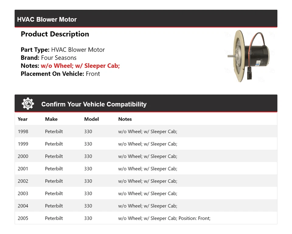 For 1998-2005 Peterbilt 330 HVAC Blower Motor 4 Seasons 1999 2000 2001 2002 2003 - Image 2 of 4