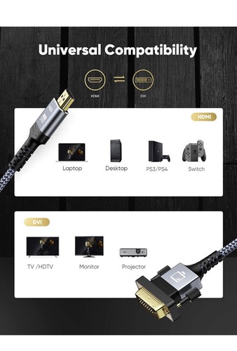 HDMI to DVI Cable in Braided Gray - 15 Feet Gold Plated HD UHD FOR PC LAPTOP - Picture 2 of 2