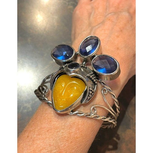 STUNNING HUGE 925 STERLING SILVER CARVED JADEITE & CZ'S GODDESS BRACELET SKY - Picture 11 of 12