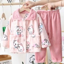 Children Flannel Pajamas Set Warm Long Sleeve Coat Long Pants Kids Sleepwear